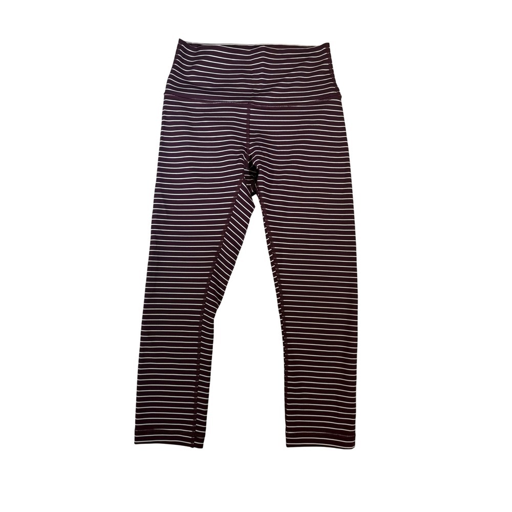 Lululemon Wunder Under High Rise Crop Leggings Size 6 Burgundy White Striped